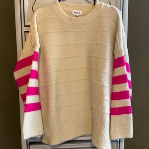 &merci small, ivory, plush sweater, hot pink arm stripes